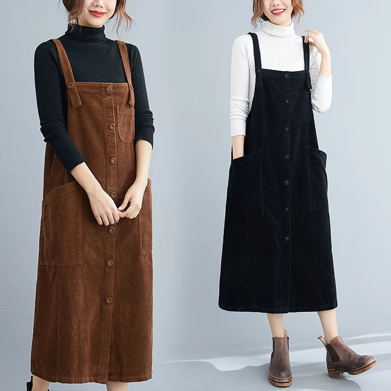 Corduroy Overalls Dresses Elegant Office Ladies Mid-Length Pocket Simple