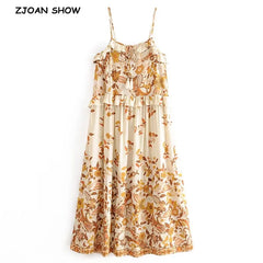 BOHO Wood Ruffles Floral Print Spaghetti Strap Dress