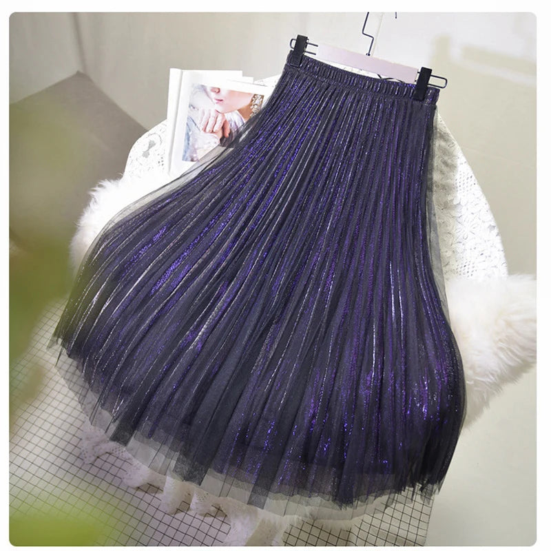 Women's 3 Layer Bright Tulle Skirt Ladies High Waist Bling Tutu Skirt Pleated