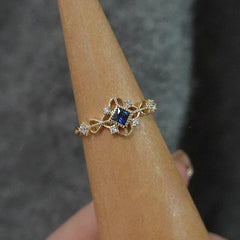 Plated Ring for Women Blue Zircon Japanese Retro Hollow Simple Ring