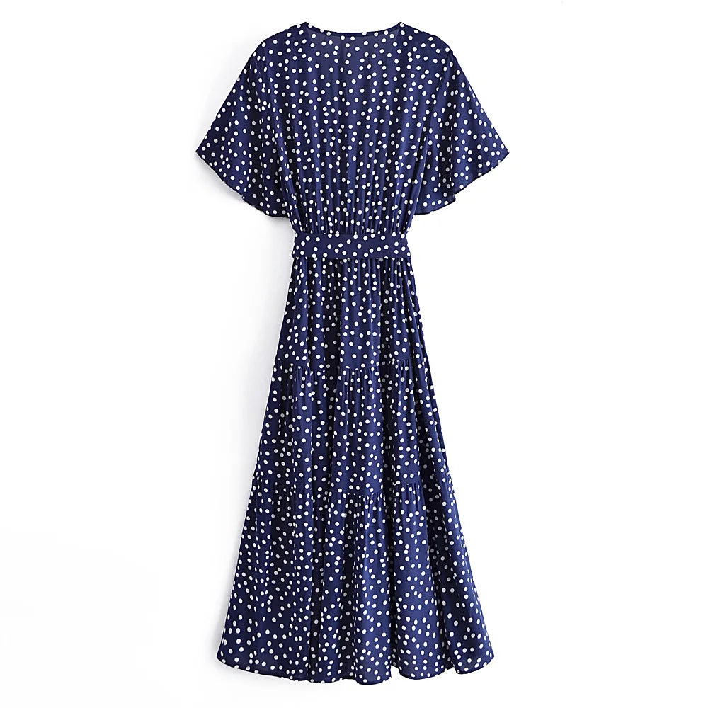 Vintage Chic Polka Dot Short Sleeve Bohemian Maxi Dress