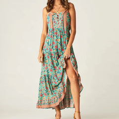BOHO Gypsy sleeveless rayon floral print sundress maxi strap dress