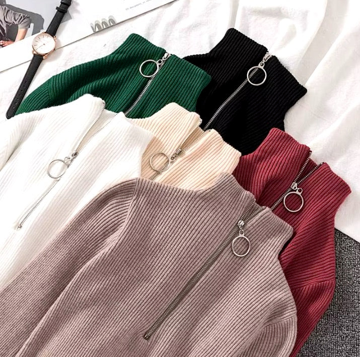 Long Sleeve`Winter Tops For Women Casual Chic Zipper Knitted Sweater