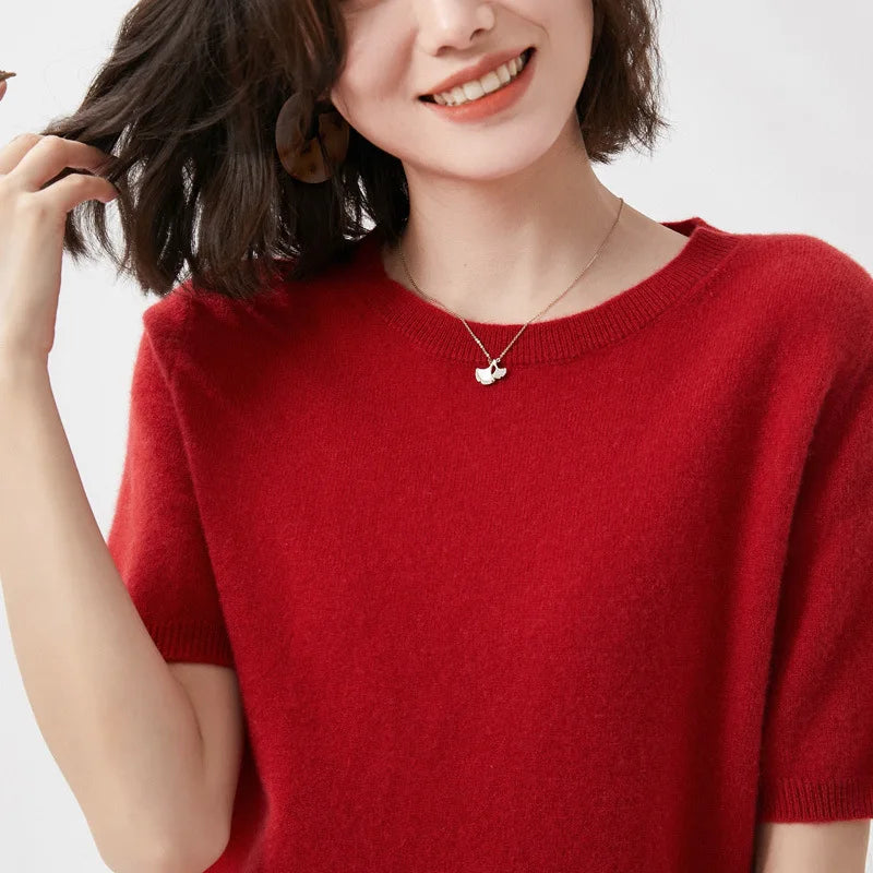 Short-sleeved O-neck  Pullover T-shirt Knitted Base Sweater