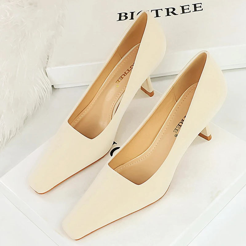 Shoes Spring Heels Square Head Women Pumps Office Shoes