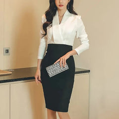Office Lady Elegant Fashion Patchwork Bodycon Dress