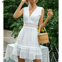 White Lace Summer Mini Dress V-neck Backless Women Sleeveless Ruffles