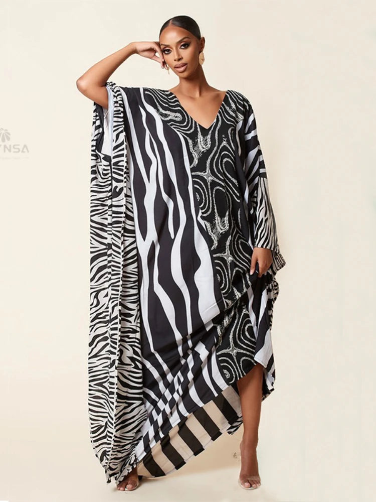 Retro Striped Batwing Sleeve Plus Size Loose Maxi Dress