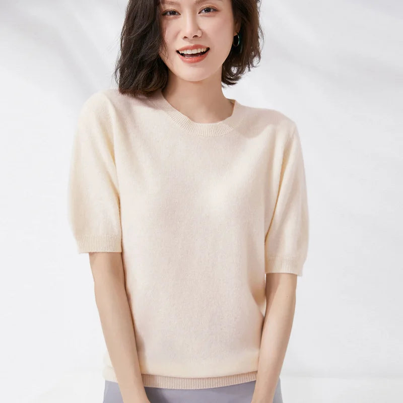 Short-sleeved O-neck  Pullover T-shirt Knitted Base Sweater