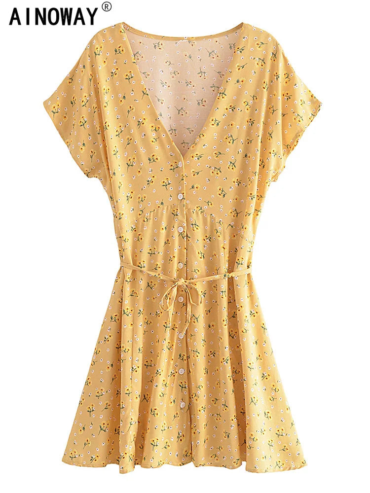 Vintage Chic Women Yellow Floral Print Deep V-neck Mini Dress