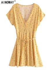 Vintage Chic Women Yellow Floral Print Deep V-neck Mini Dress