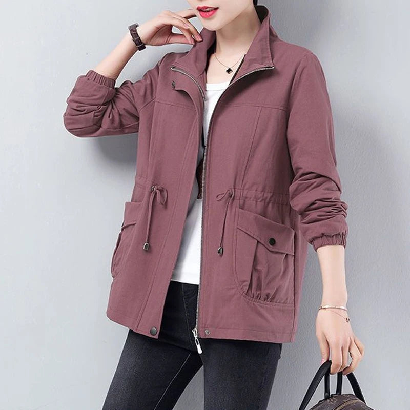 Double Layer Plus Size Lining Windbreaker Drawstring Waist Stand Collar Jacket