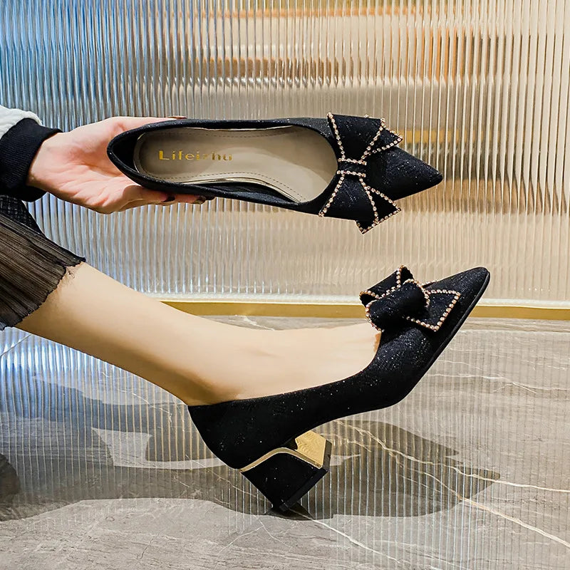 Women Pumps French Thick Heels High Heels Pointed Single Shoes