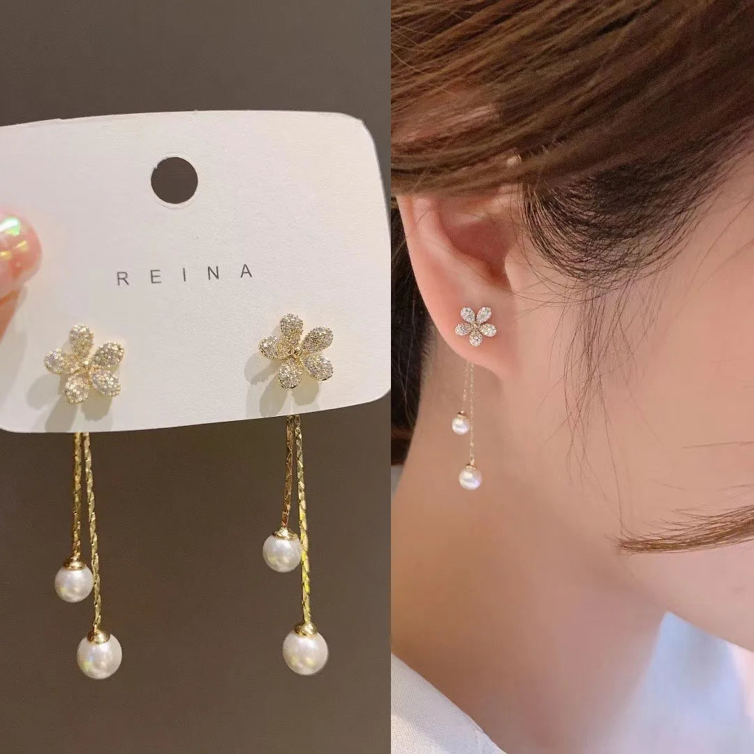 Trend Simulation Pearl Long Flower Rhinestone Earrings