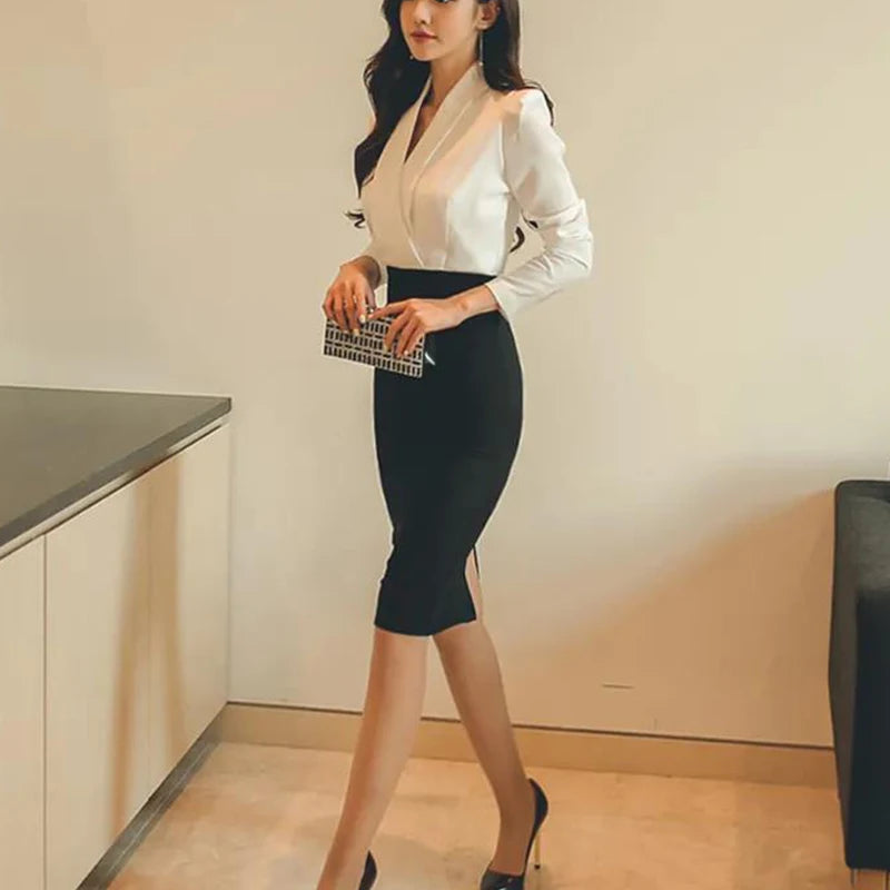Office Lady Elegant Fashion Patchwork Bodycon Dress