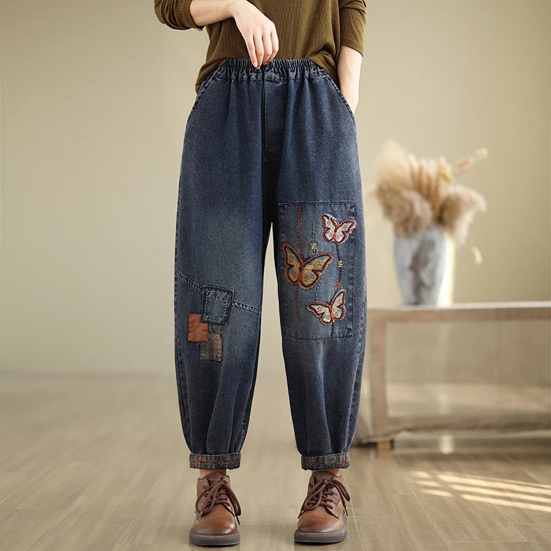 Patchwork Jeans Elastic Waist Loose Casual Retro Ankle Length Trouser