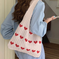 Fashion Heart Shape Pattern Knit Tote Bag Retro