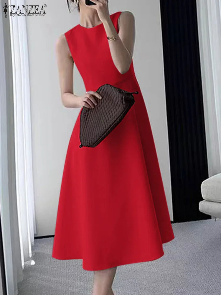 Women Sleeveless Pleated Dress A-line Tank Evening Dress