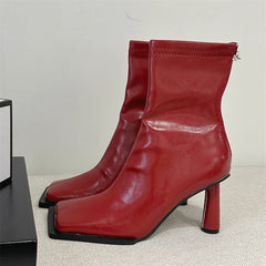 Soft PU Leather Ankle Boots Women Square Toe Stiletto Heels Fashion