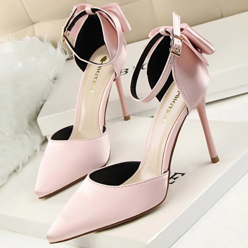 Bow-knot Kitten Heels Pumps Satin Stiletto Party Shoes