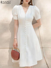 Elegant Women OL Work Dress V Neck Short Sleeve