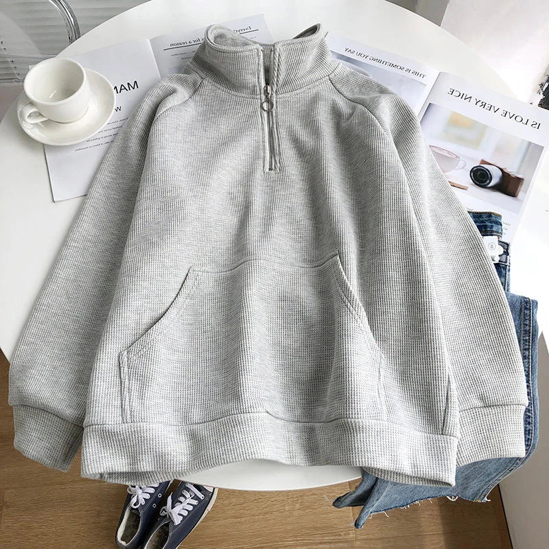 Thicken Zipper Stand Collar Hoodie Women Casual Long Sleeve Pullover Top