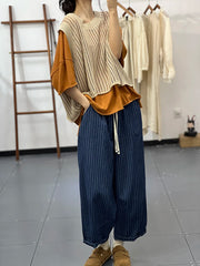 Striped Causal Loose Drawstring High Waist Wide Leg Denim Pants