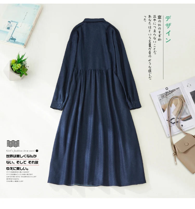 Style Solid Fashion Turn-down Collar Denim Autumn Dress