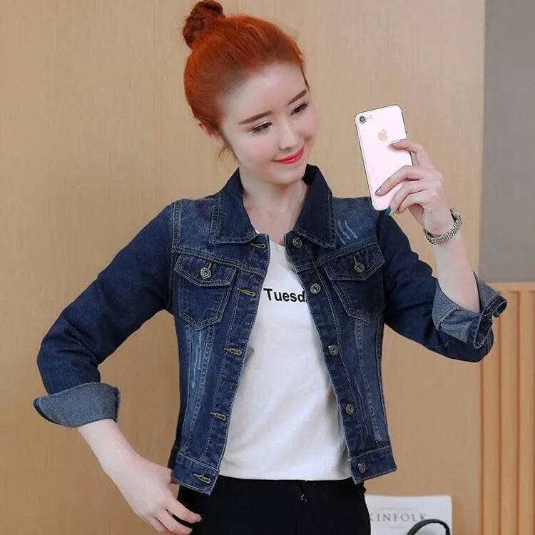 Women Denim Jackets Three-Quarter Sleeve O-Neck Single-Breasted Outerwear