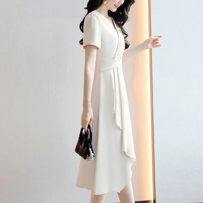 Summer V-neck Elegant Fashion Folds Waist Dress Lady Short Sleeve