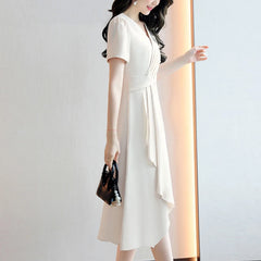 Summer V-neck Elegant Fashion Folds Waist Dress Lady Short Sleeve