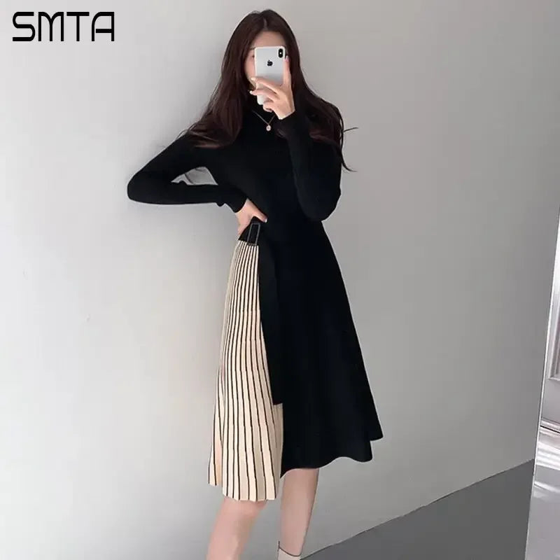 Vintage Elastic Knitted Sweater Midi Dresses Fashion Office Style