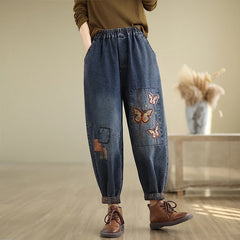 Patchwork Jeans Elastic Waist Loose Casual Retro Ankle Length Trouser