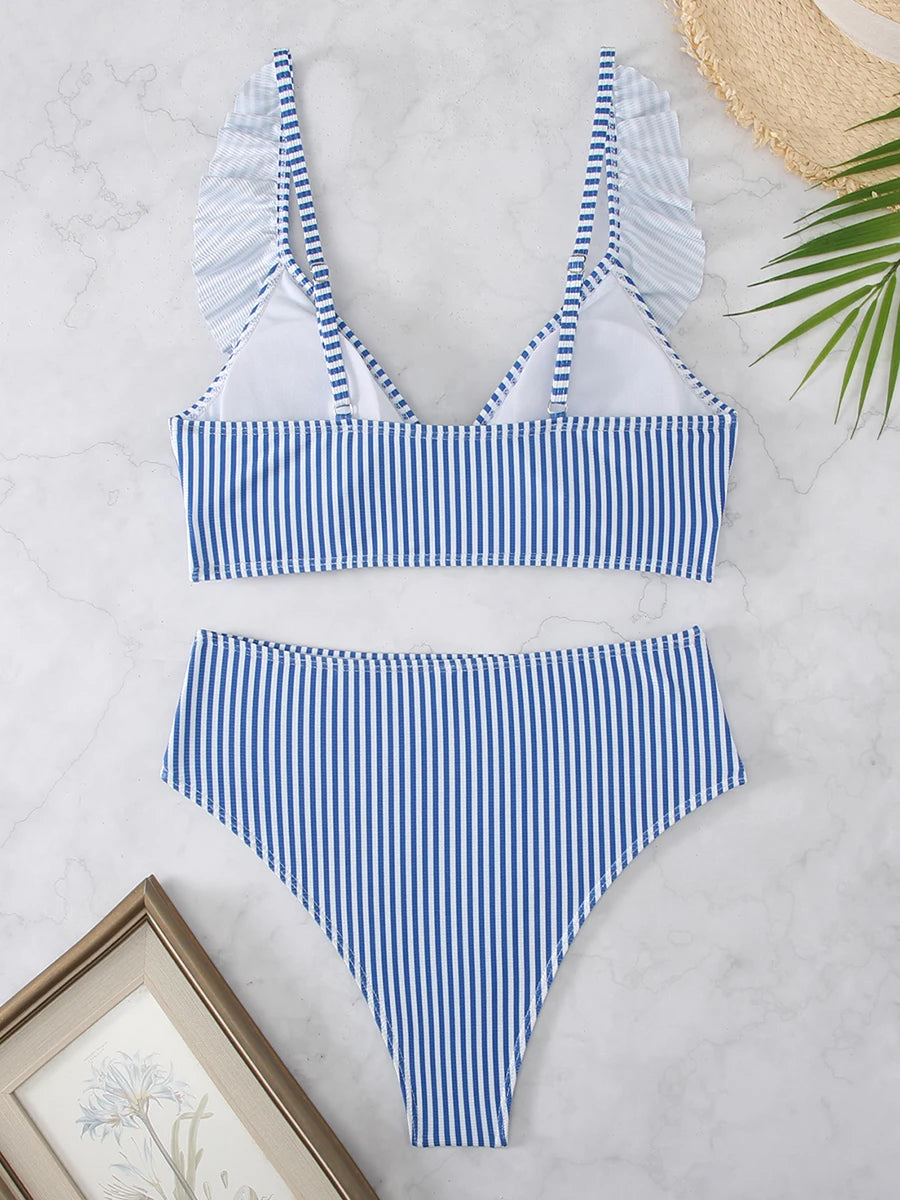 Striped Ruffle Trim Bikini High Waist Swimsuit