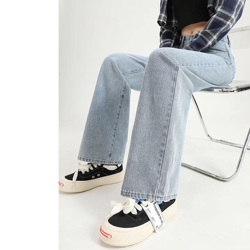 Straight  Jeans Adjust Elastic High Waist Vintage Denim Pants