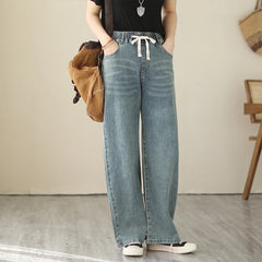 Fashion Baggy Denim Pants Vintage Straight Jeans Elastic Waist Solid Simple