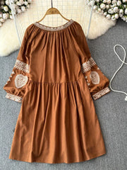 Bohemian Retro Ethnic Style Blend Embroidered Long Sleeves Mini Dress