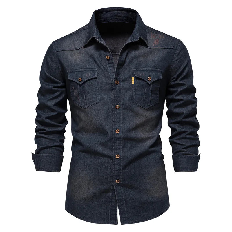 Denim Shirt Men Long Sleeve Solid Color Pocket Shirts for Men Casual