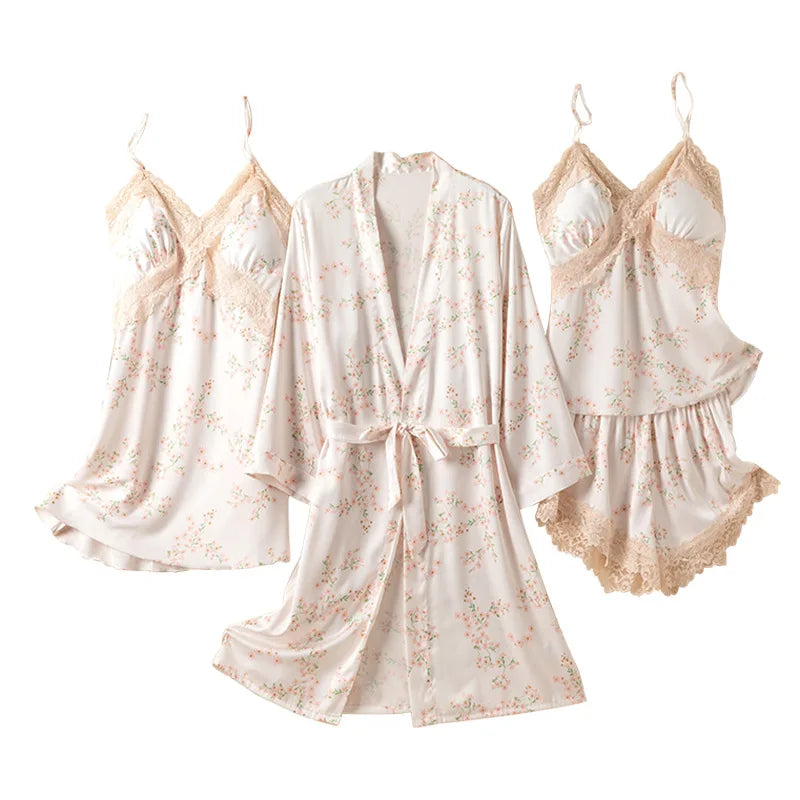 4PC Pajamas Set Lace Sleepwear Nightwear Rayon Lace