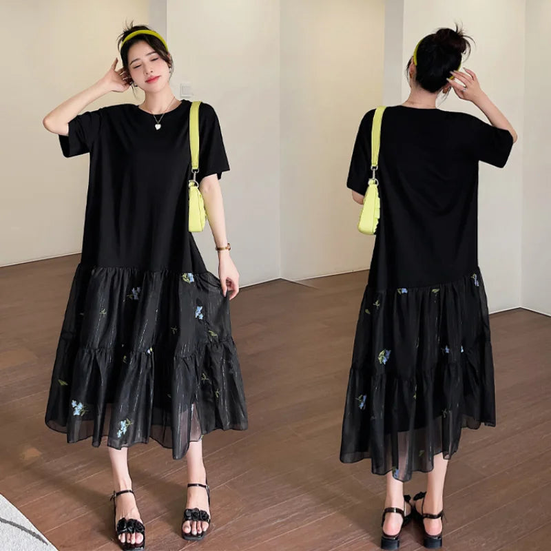 Pleated Loose Plus Size Patchwork Black T-Shirt Dress Casual