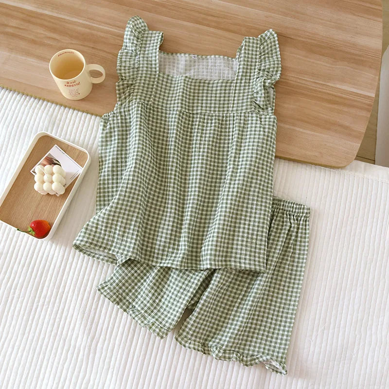 pajamas suit short-sleeved shorts two-piece cotton crepe simple