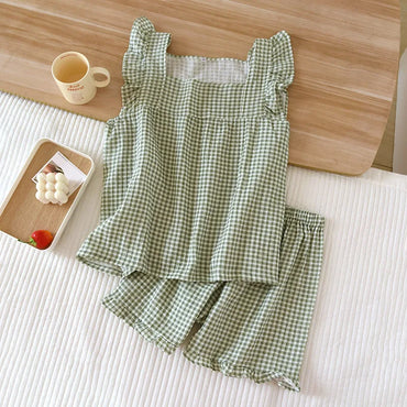 pajamas suit short-sleeved shorts two-piece cotton crepe simple