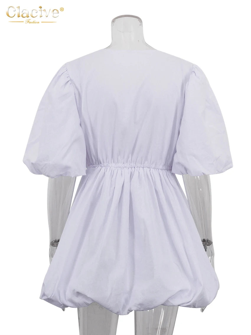 Summer Loose White Cotton Casual V-Neck Short Sleeve Mini Dresses