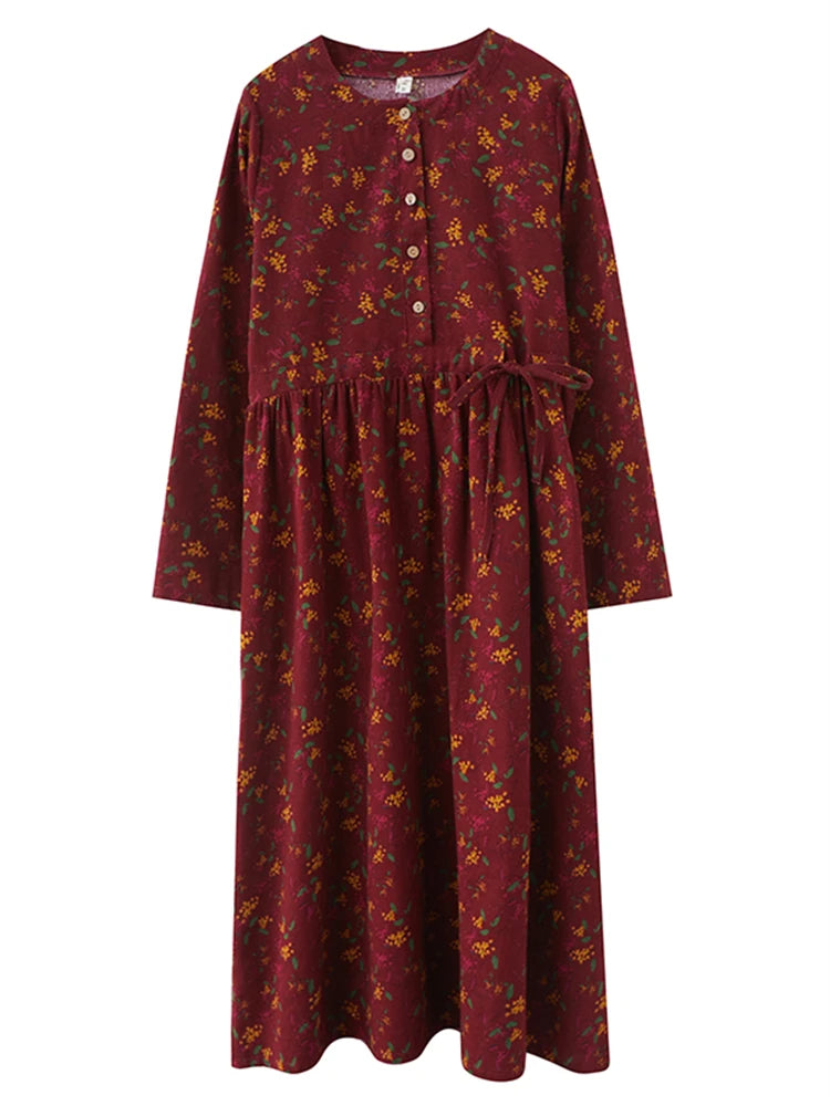 Long Sleeve Cotton Linen Vintage Floral Print Dresses Clothing