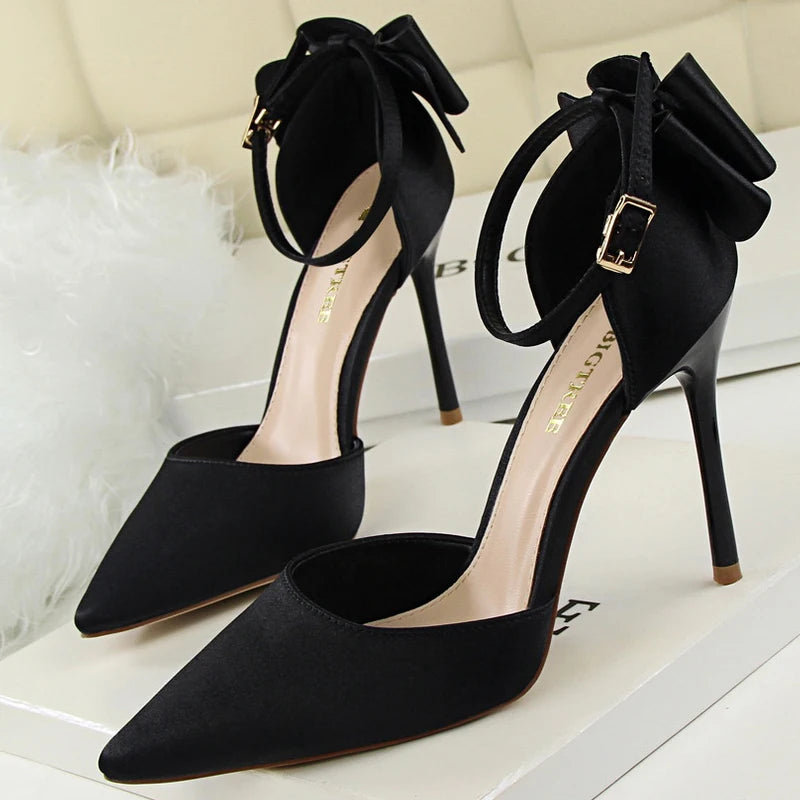 Bow-knot Kitten Heels Pumps Satin Stiletto Party Shoes