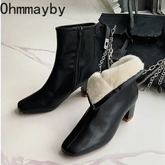 Plush Women Ankle Boots Fashion Zippers Thick High Heel Shoes Style