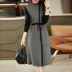 High Collar Houndstooth Lace Patchwork Knitting Dress