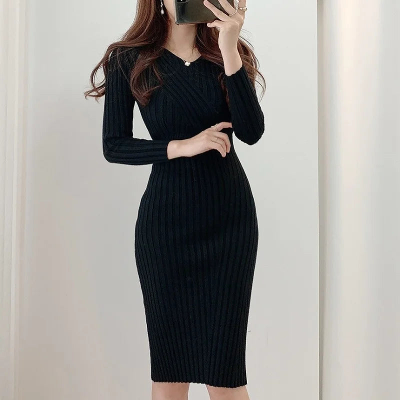 Vintage Long Sleeve Knitted Retro V-neck Dress