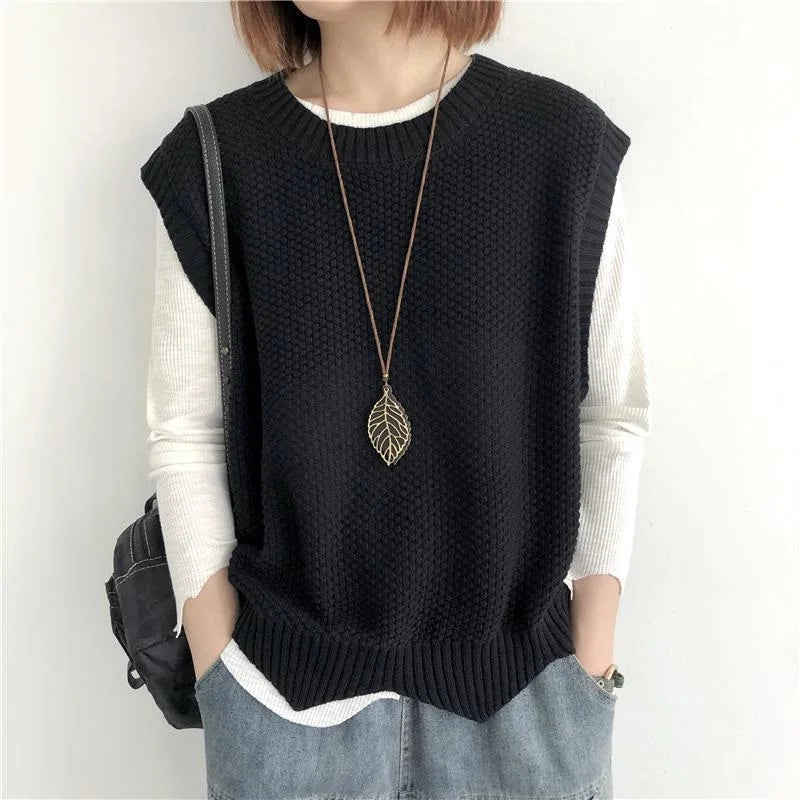One Size Knitted Vest Irregular Hem Loose Sleeveless Jackets