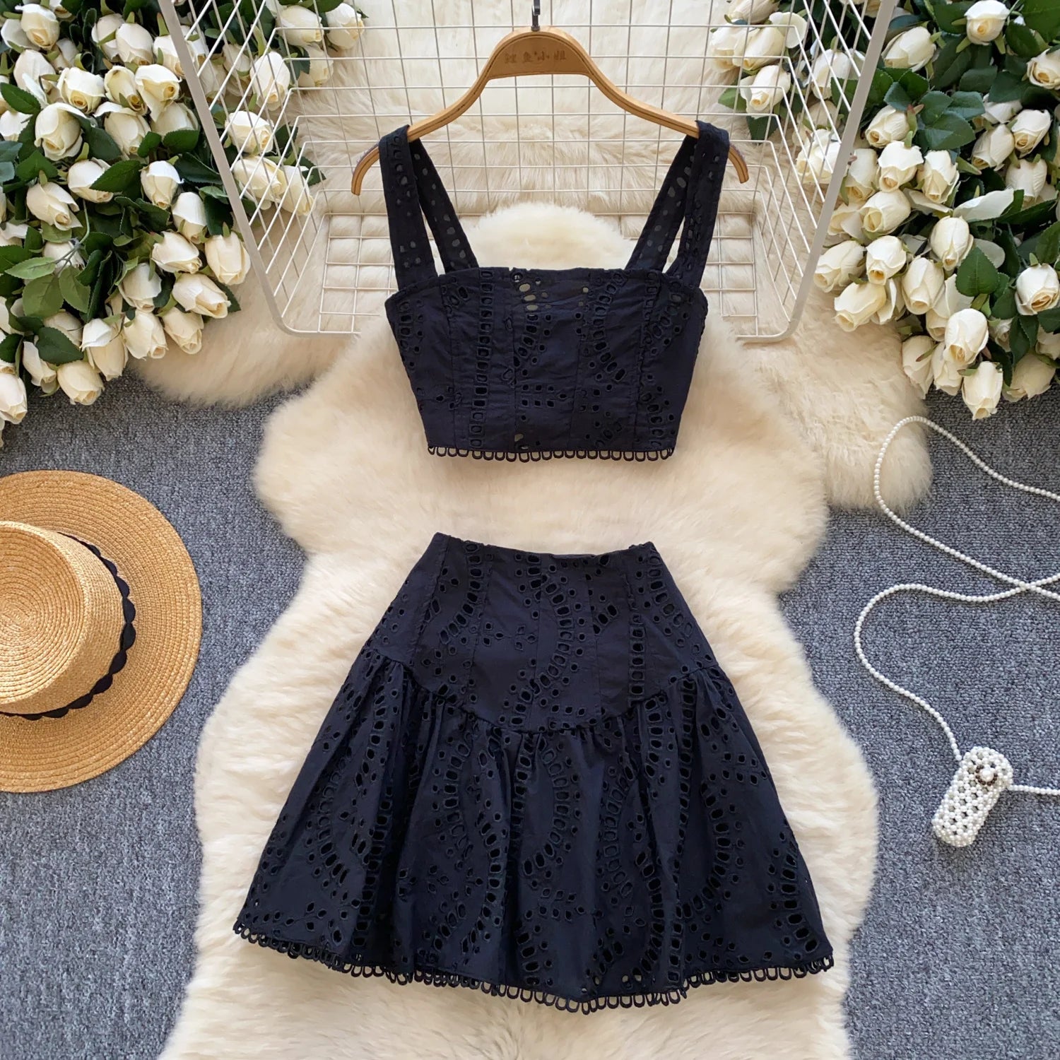 Two Piece Sets Summer Crop Tops Short Skirts Suits Embroidery